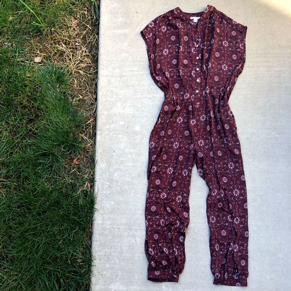 Cozy Casual Burgundy Print Jumpsuit Button Down